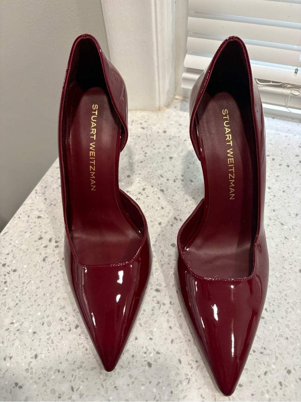 Stuart Weitzman Glossy Pointed-Toe Pumps in Wine